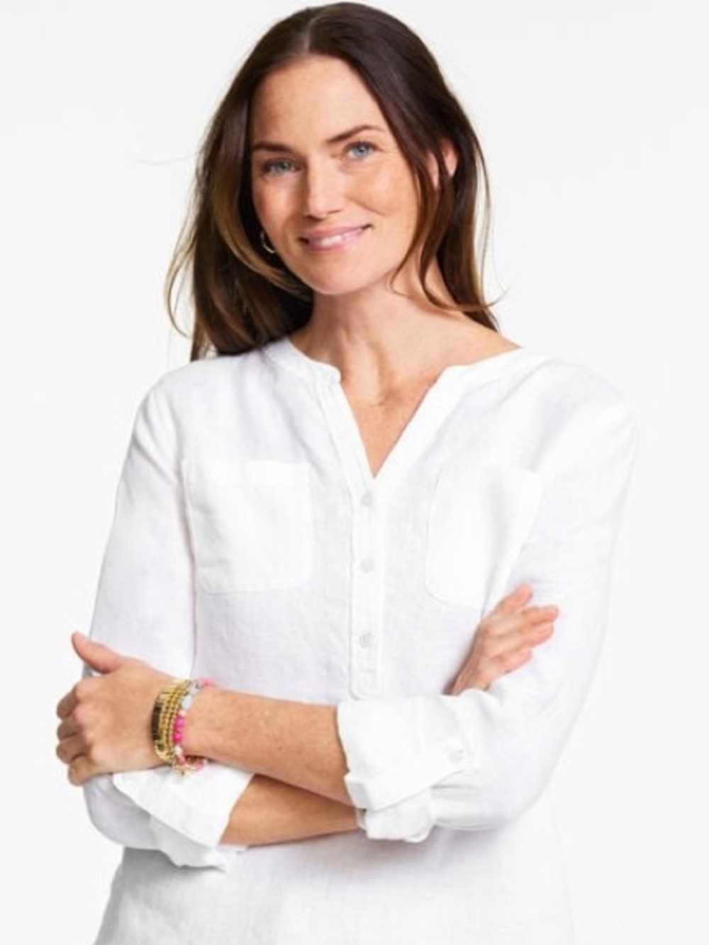 Isaac Mizrahi White V-Neck Linen Long Sleeve Top